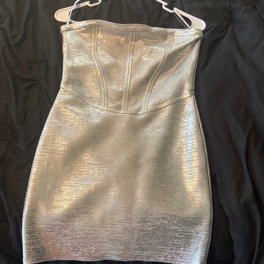 Herve Leger Shimmering Silver Strapless Dress